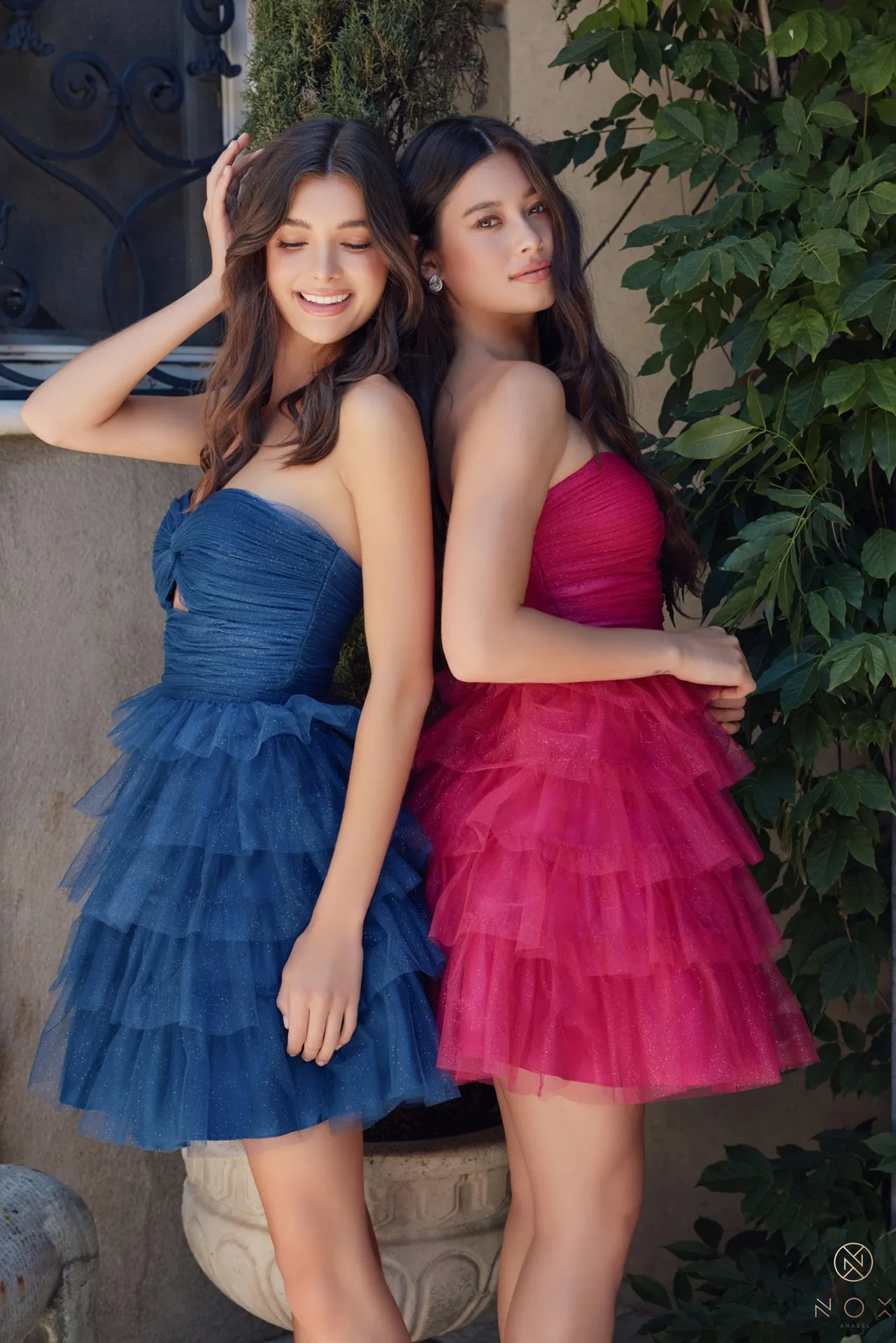 N A827 - Short Strapless A-Line Homecoming Dress with Layered Shimmering Tulle Skirt