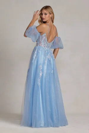 N E1173 - Shimmer Tulle A-Line Prom Gown with Sheer Beaded Lace Bodice Removeable Puff Sleeves & Leg Slit