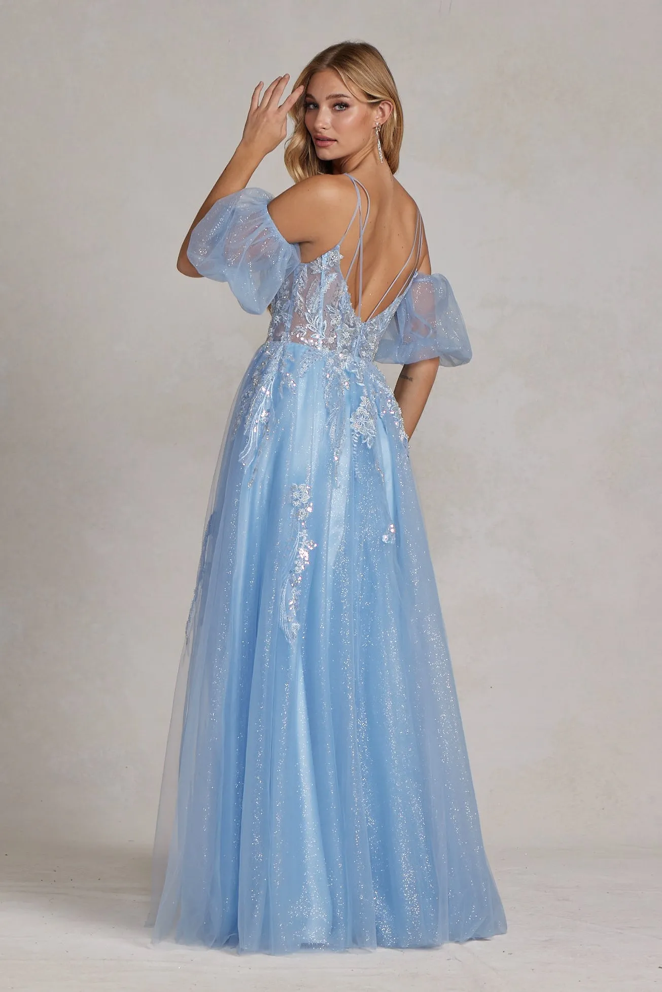 N E1173 - Shimmer Tulle A-Line Prom Gown with Sheer Beaded Lace Bodice Removeable Puff Sleeves & Leg Slit