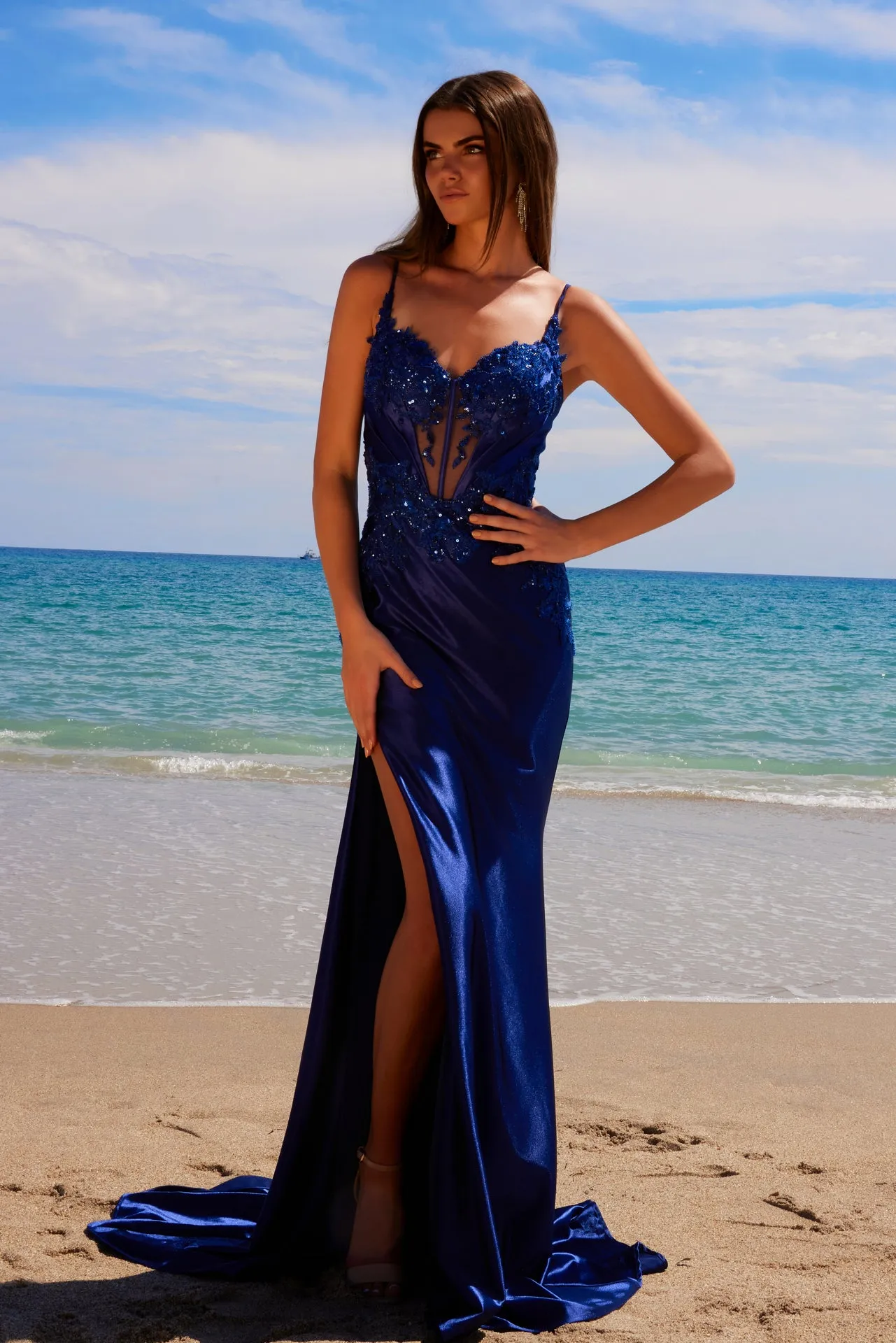 N E1488 - Stretch Satin Fit & Flare Prom Gown with Beaded Applique Bodice Open Lace-Up Back & Leg Slit