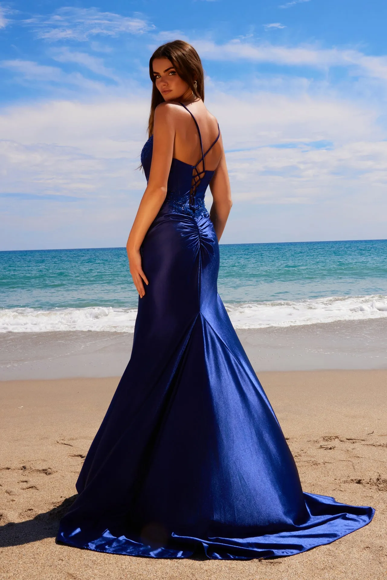 N E1488 - Stretch Satin Fit & Flare Prom Gown with Beaded Applique Bodice Open Lace-Up Back & Leg Slit