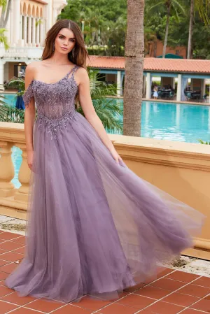 N F1567 - One Shoulder Shimmer Tulle A-Line Prom Gown with Sheer Beaded Lace Embellished Scoop Neck Bodice