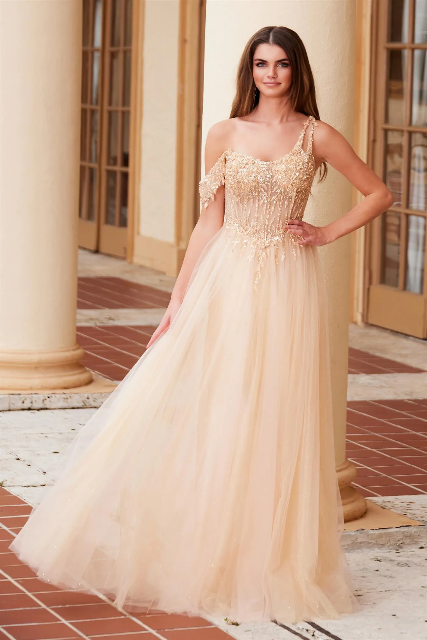 N F1567 - One Shoulder Shimmer Tulle A-Line Prom Gown with Sheer Beaded Lace Embellished Scoop Neck Bodice