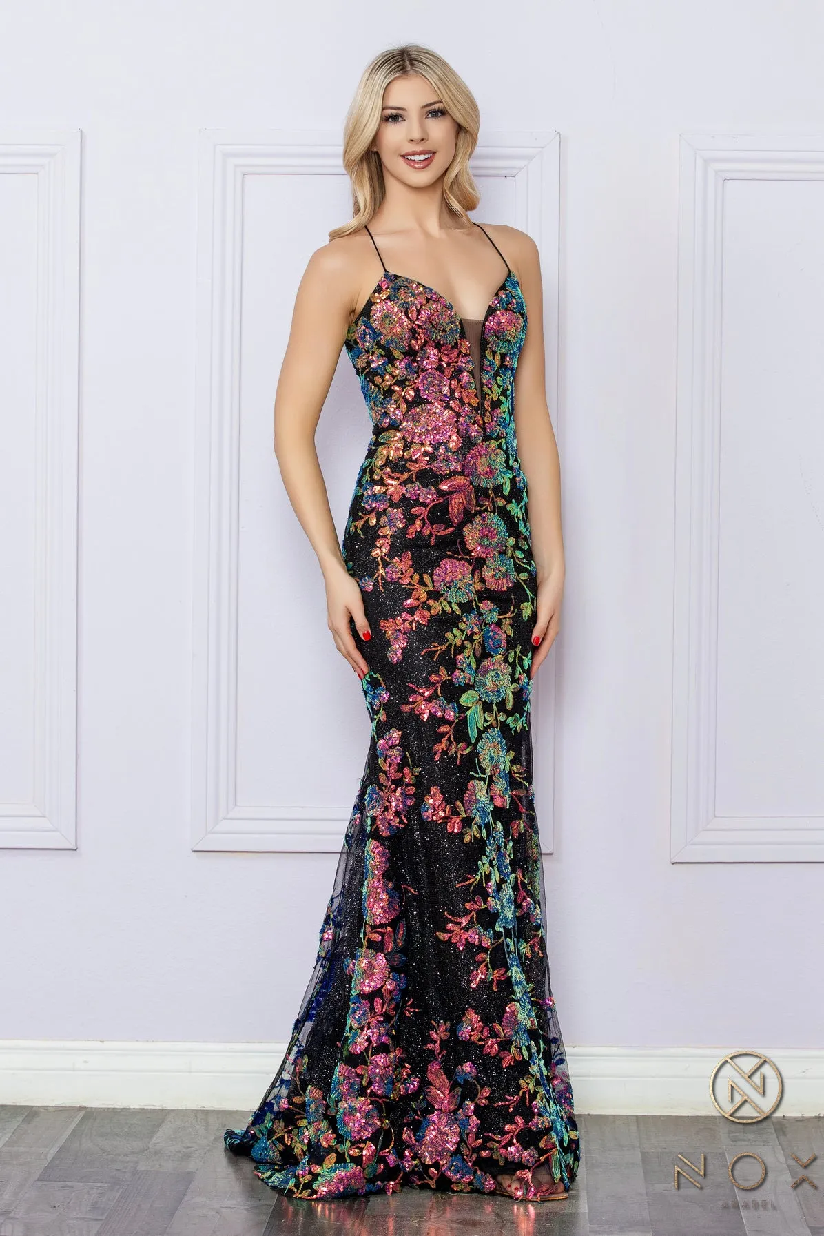 N R1439 - Colorful Sequin Fit & Flare Prom Gown With Lace Up Corset Back & V-Neckline