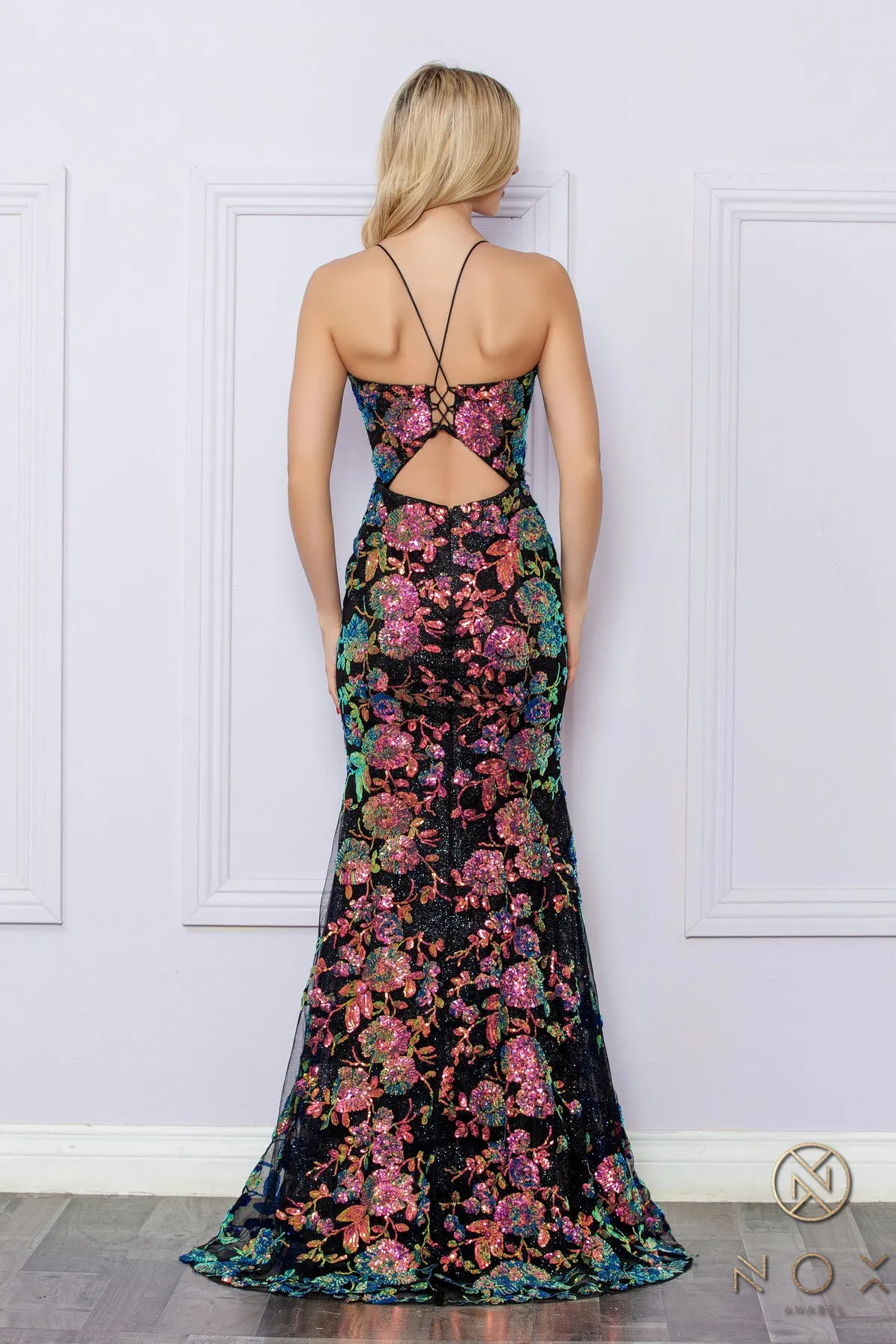 N R1439 - Colorful Sequin Fit & Flare Prom Gown With Lace Up Corset Back & V-Neckline