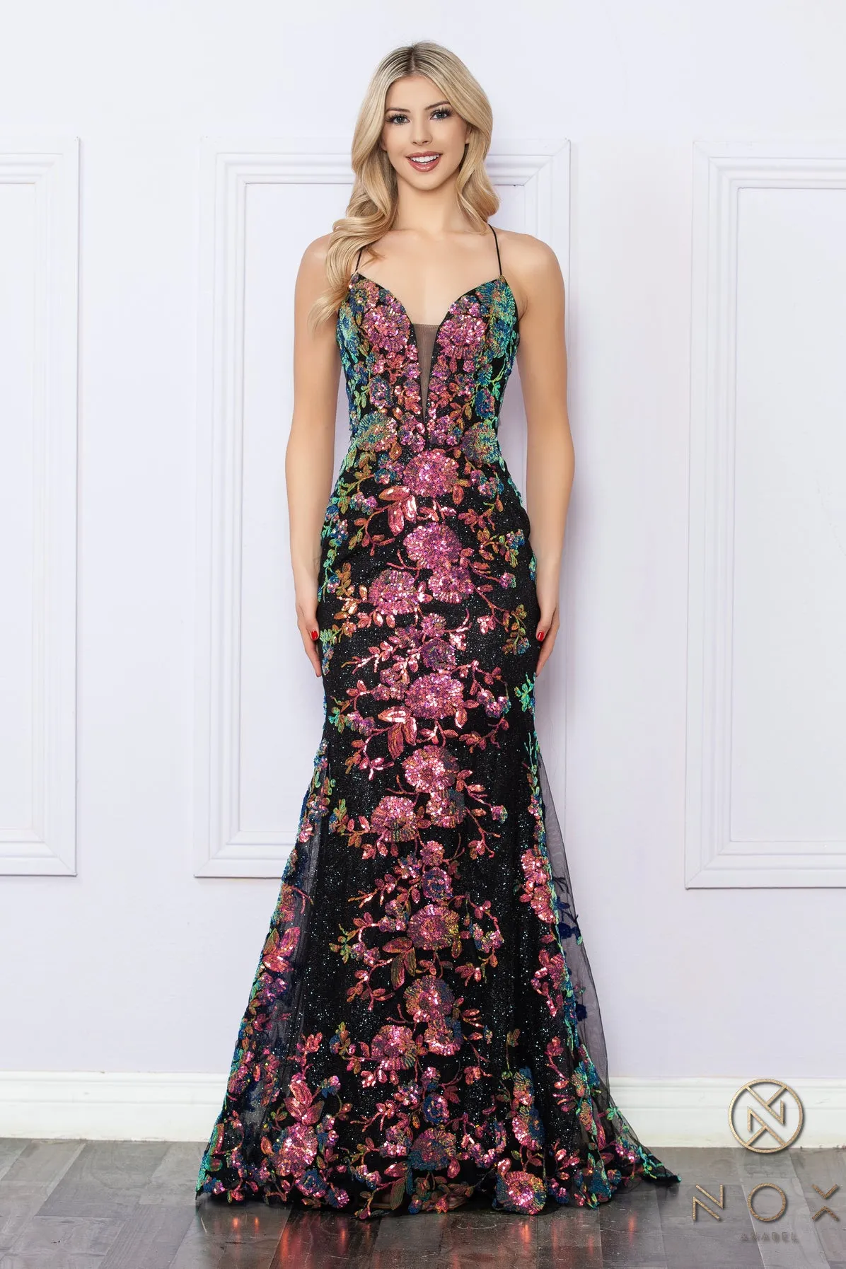 N R1439 - Colorful Sequin Fit & Flare Prom Gown With Lace Up Corset Back & V-Neckline