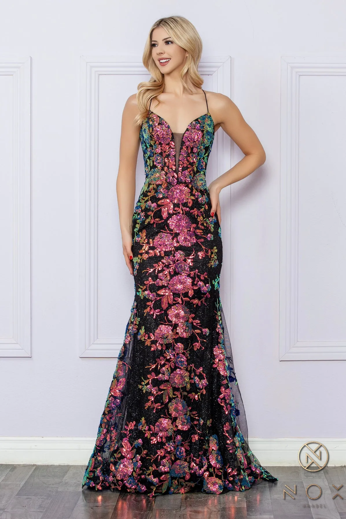 N R1439 - Colorful Sequin Fit & Flare Prom Gown With Lace Up Corset Back & V-Neckline