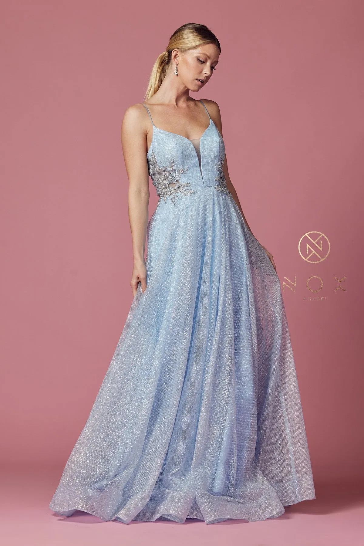 N T1033 - Shimmer Tulle A-Line Prom Gown with Floral Appliqued Sheer V-Neck Bodice