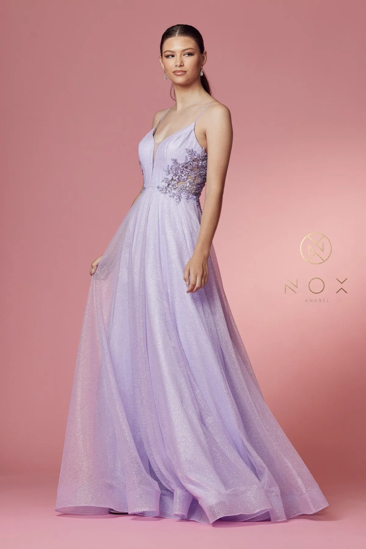 N T1033 - Shimmer Tulle A-Line Prom Gown with Floral Appliqued Sheer V-Neck Bodice