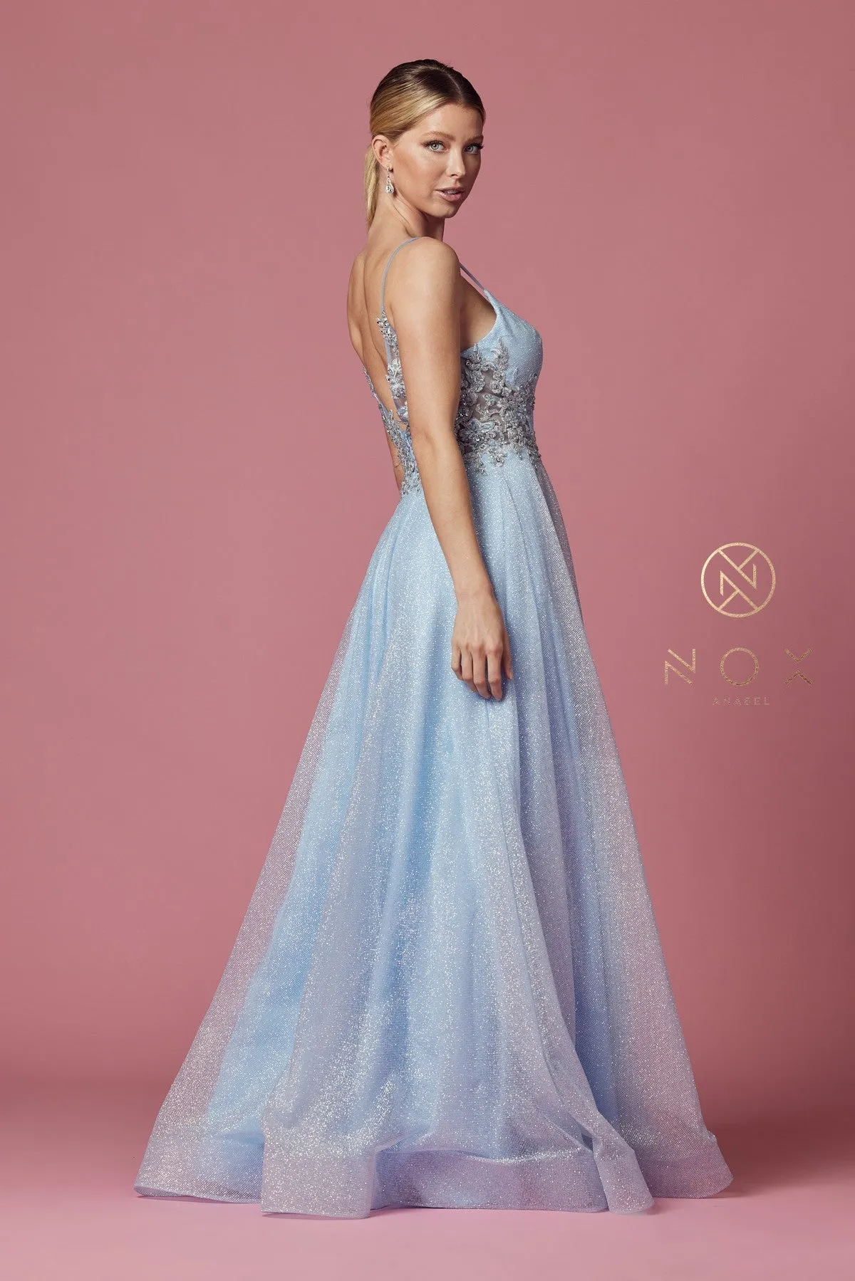 N T1033 - Shimmer Tulle A-Line Prom Gown with Floral Appliqued Sheer V-Neck Bodice