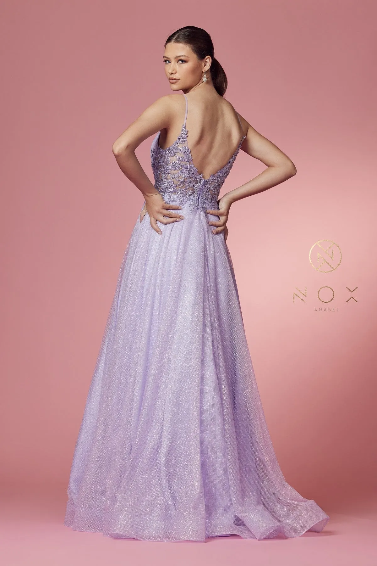 N T1033 - Shimmer Tulle A-Line Prom Gown with Floral Appliqued Sheer V-Neck Bodice