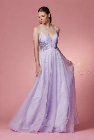 N T1033 - Shimmer Tulle A-Line Prom Gown with Floral Appliqued Sheer V-Neck Bodice