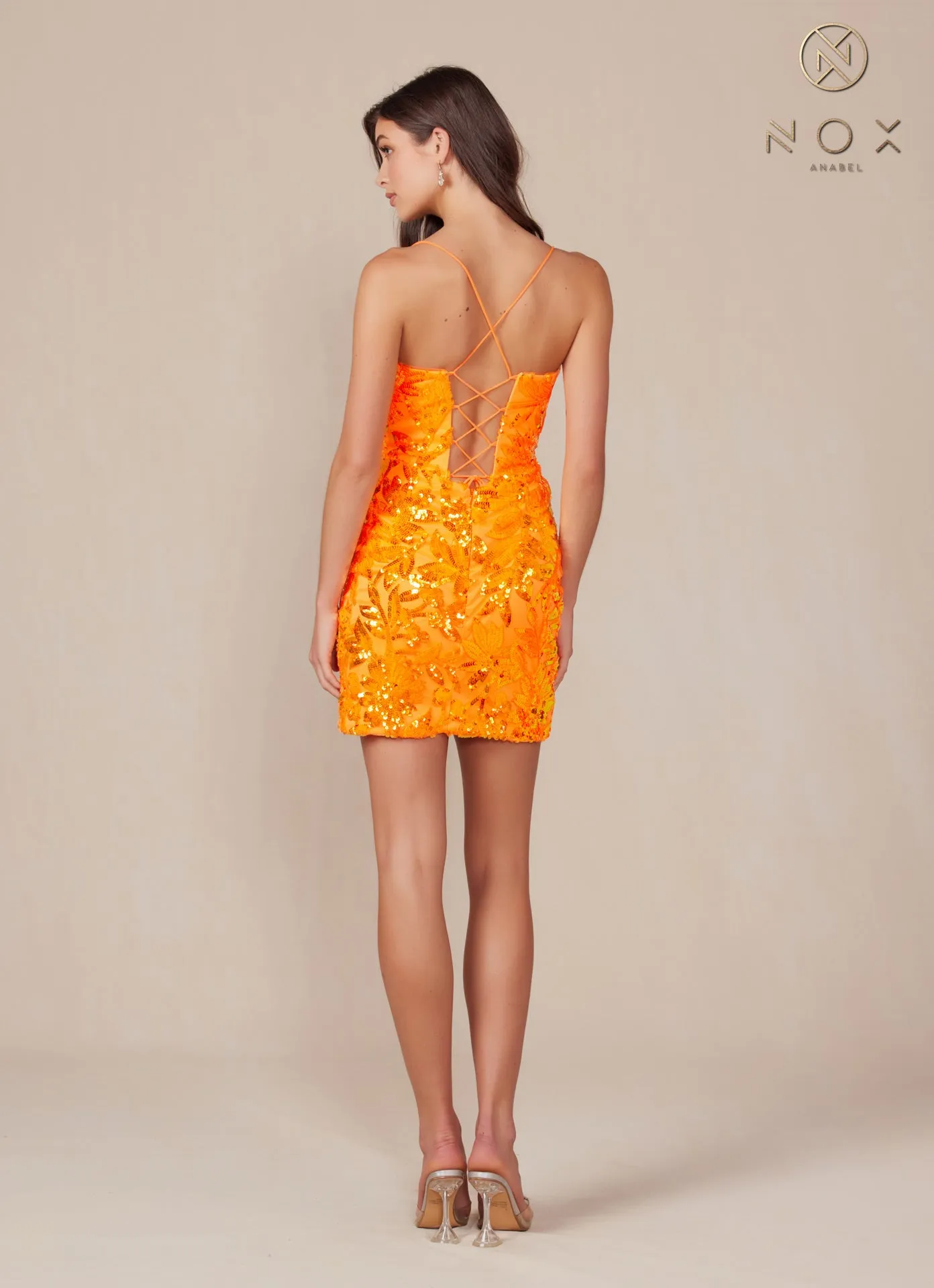 N T864 - Short Sequin Patterned Homecoming Dress with Plunging V-Neck Open Lace Up Corset Back & Leg Slit