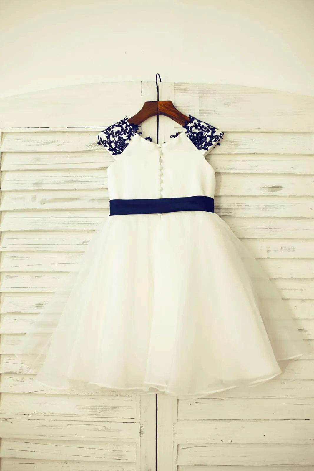 Navy Blue Lace Ivory Satin Organza Flower Girl Dress, Belt
