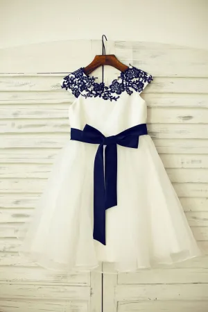 Navy Blue Lace Ivory Satin Organza Flower Girl Dress, Belt