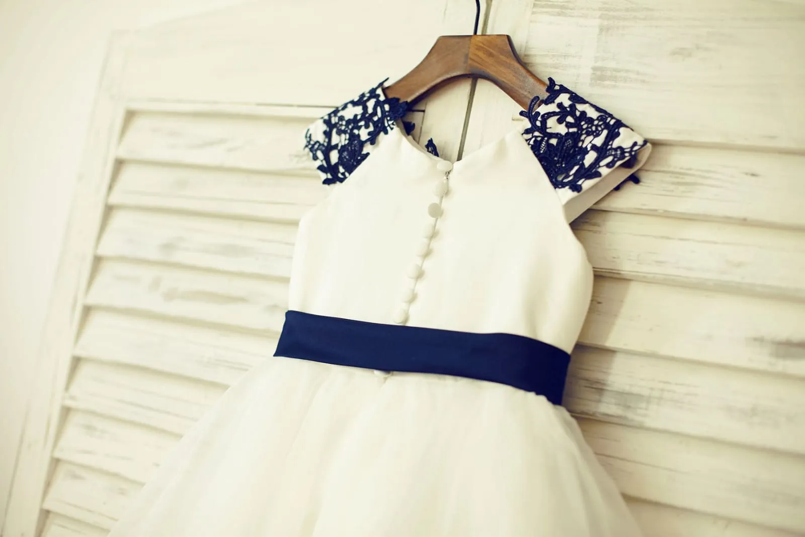 Navy Blue Lace Ivory Satin Organza Flower Girl Dress, Belt