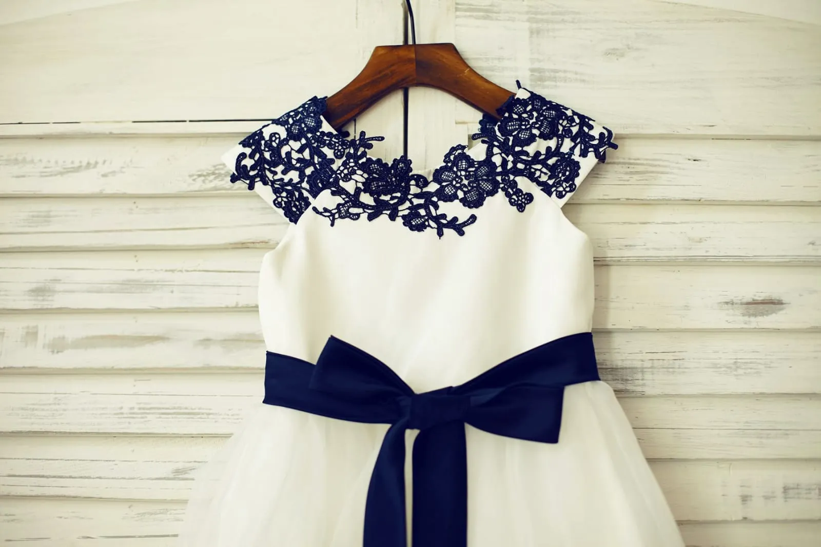 Navy Blue Lace Ivory Satin Organza Flower Girl Dress, Belt