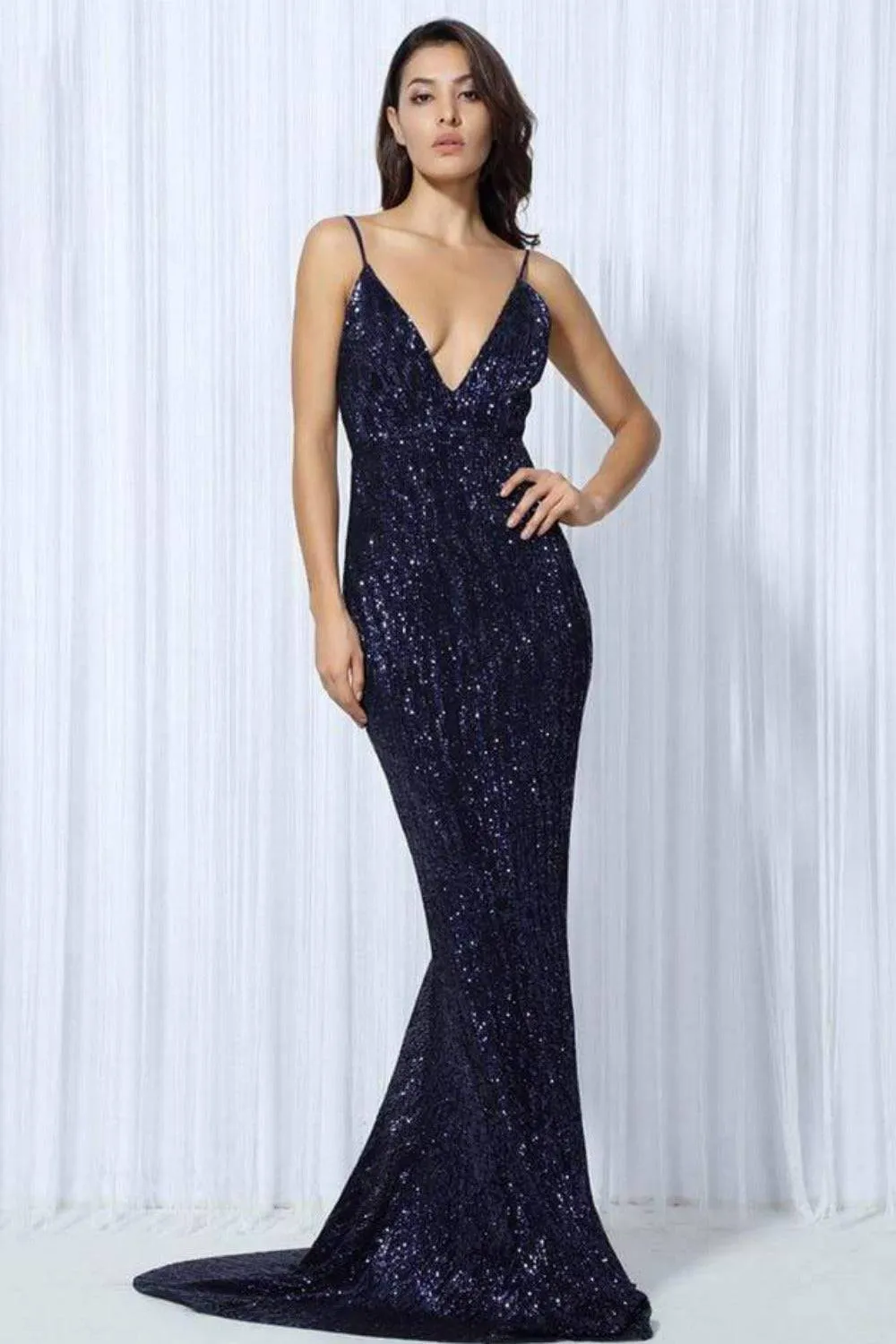 Navy Blue Sequin Backless Dress