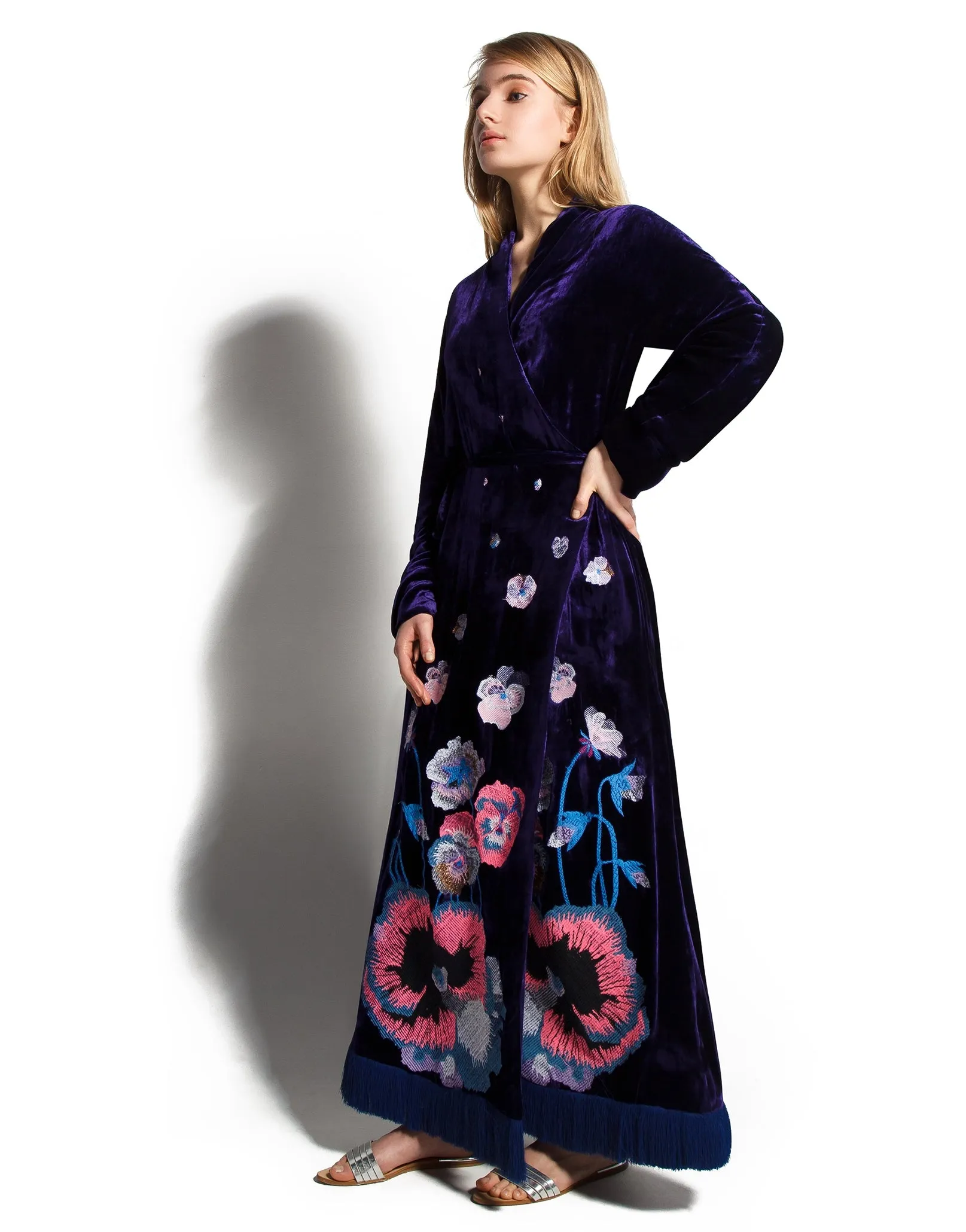 Navy blue velvet dress with embroidered pansies