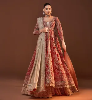 Net Red Lehenga Front Open Gown Indian Bridal Wear