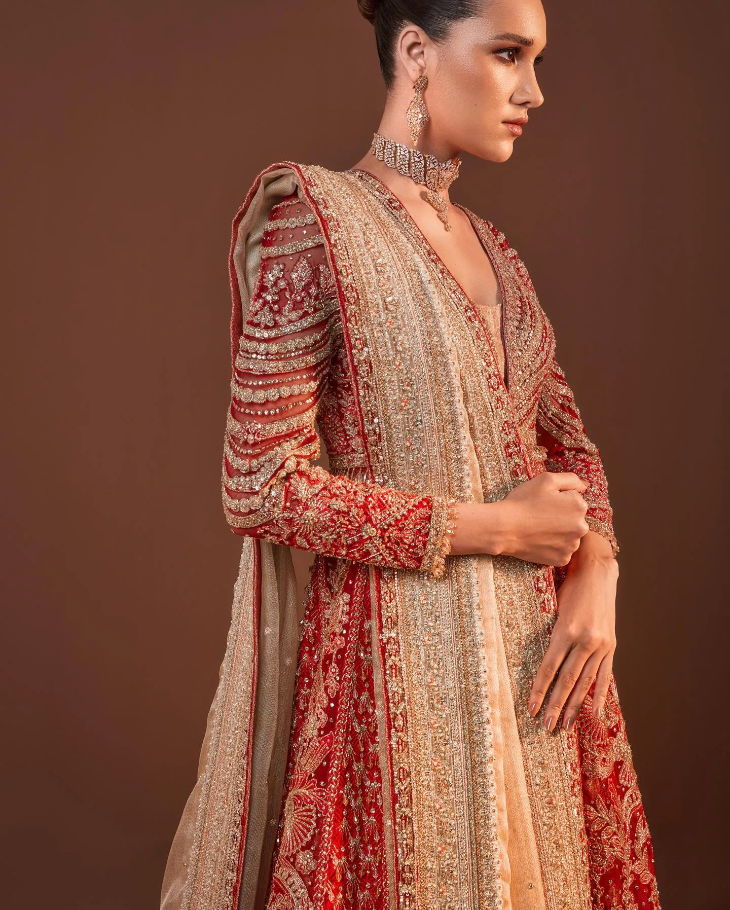 Net Red Lehenga Front Open Gown Indian Bridal Wear