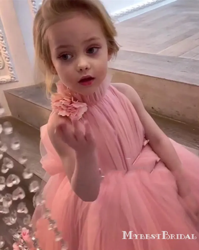 New Arrival High Neck Pink Tulle High Low Long Cheap Flower Girl Dresses, FGS0006