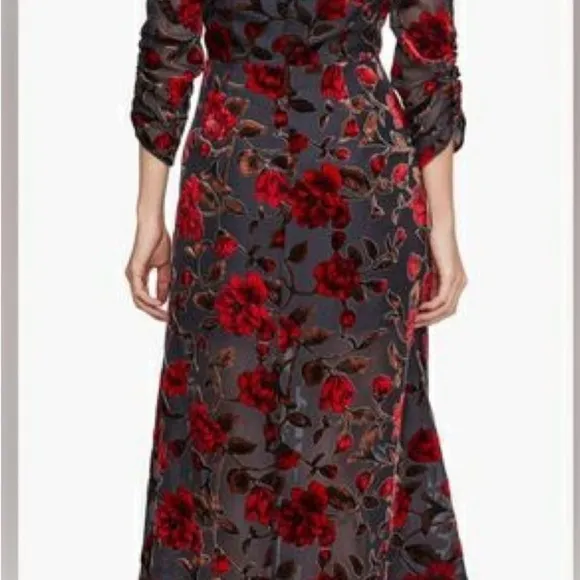NEW ASTR The Label Floral Red Velvet Burnout Sheer Black Midi Dress V-Neck Sz S