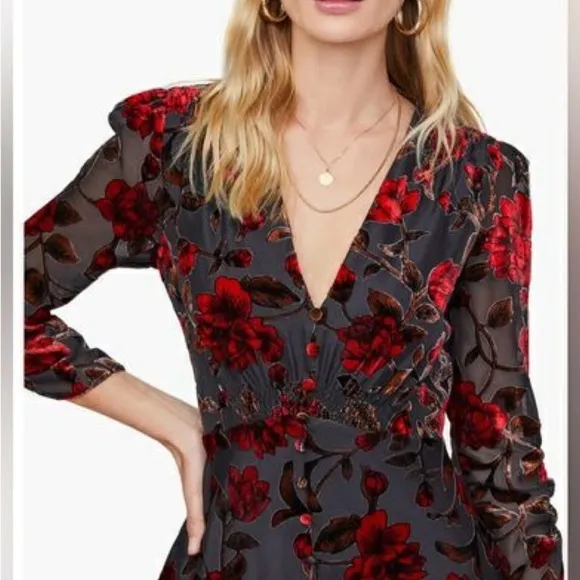 NEW ASTR The Label Floral Red Velvet Burnout Sheer Black Midi Dress V-Neck Sz S