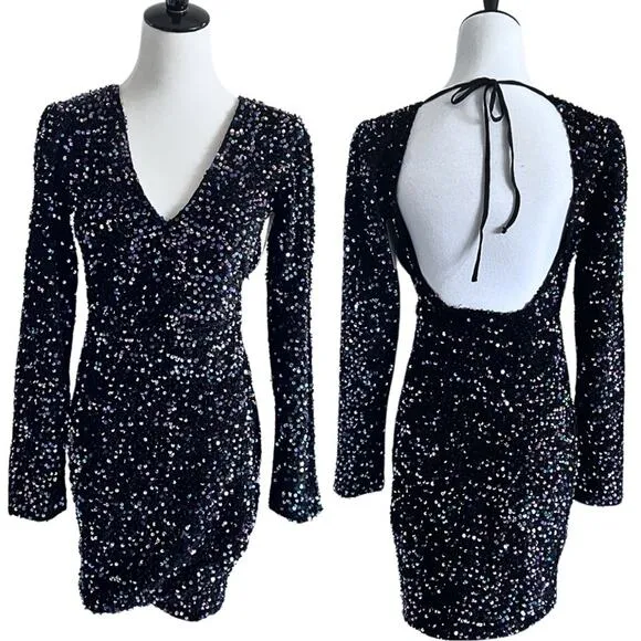 NEW Betsey Johnson Black Sequin Fitted Dress Open Back Size S