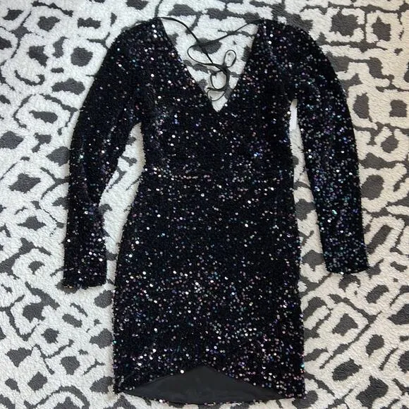 NEW Betsey Johnson Black Sequin Fitted Dress Open Back Size S