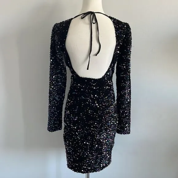 NEW Betsey Johnson Black Sequin Fitted Dress Open Back Size S