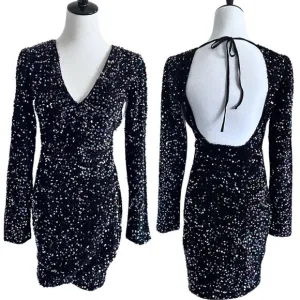 NEW Betsey Johnson Black Sequin Fitted Dress Open Back Size S