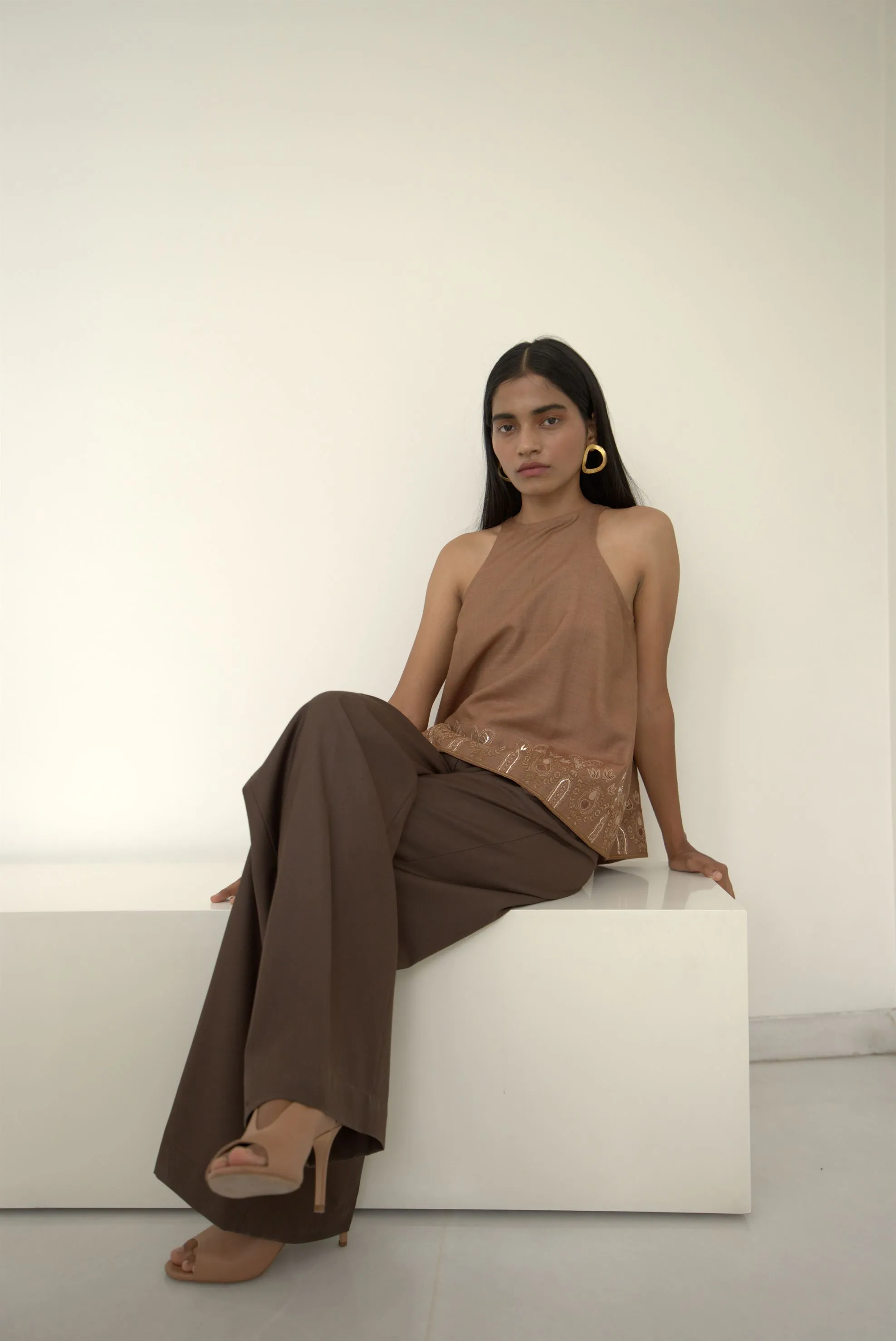 New Season Summer to Fall 2024-Top Racer Embroidered Silk Brown-TB/TS/018-Suzanne-Fashion Edit Hemji