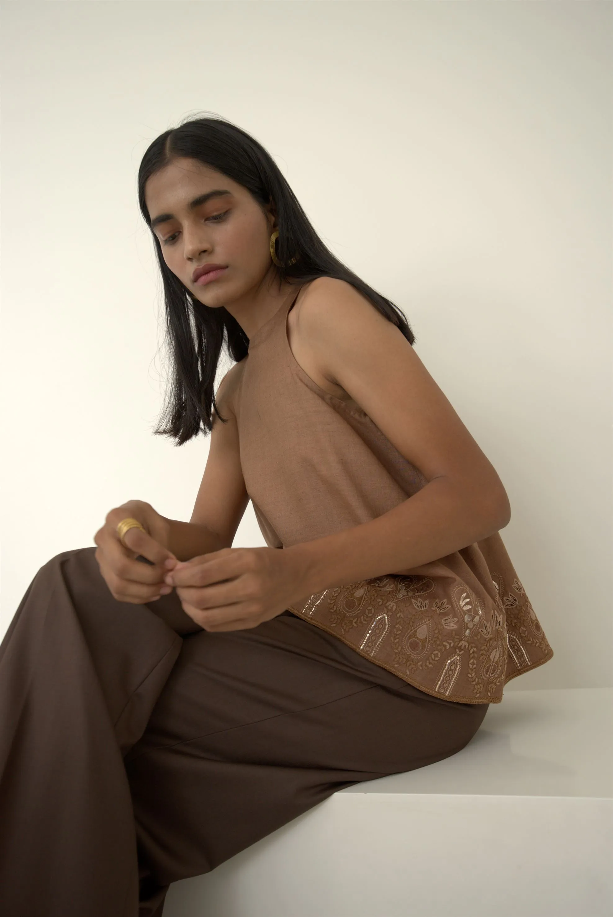 New Season Summer to Fall 2024-Top Racer Embroidered Silk Brown-TB/TS/018-Suzanne-Fashion Edit Hemji
