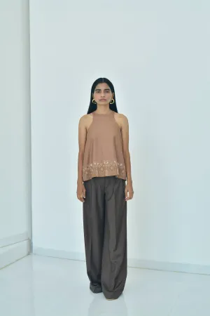 New Season Summer to Fall 2024-Top Racer Embroidered Silk Brown-TB/TS/018-Suzanne-Fashion Edit Hemji