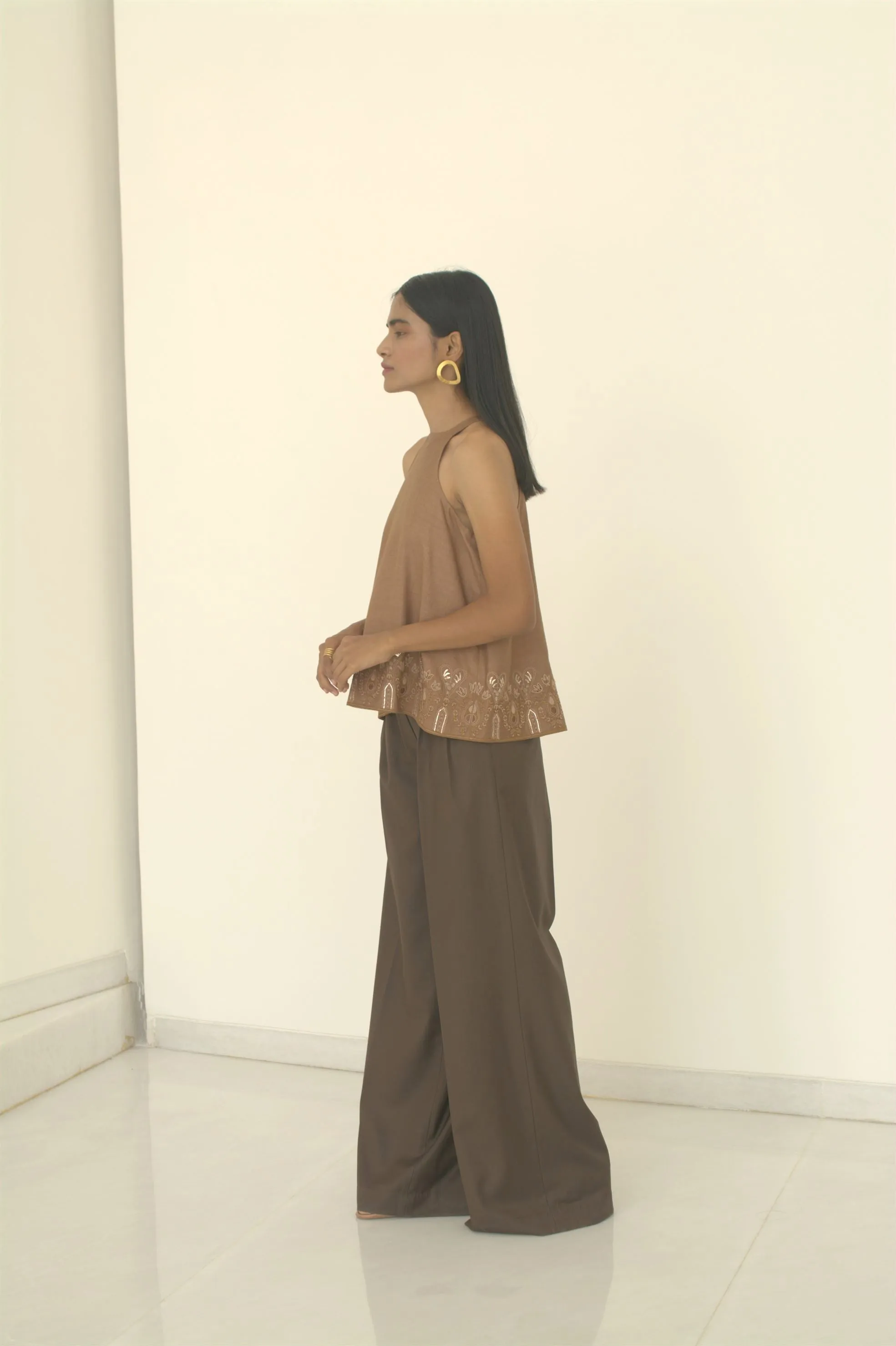 New Season Summer to Fall 2024-Top Racer Embroidered Silk Brown-TB/TS/018-Suzanne-Fashion Edit Hemji