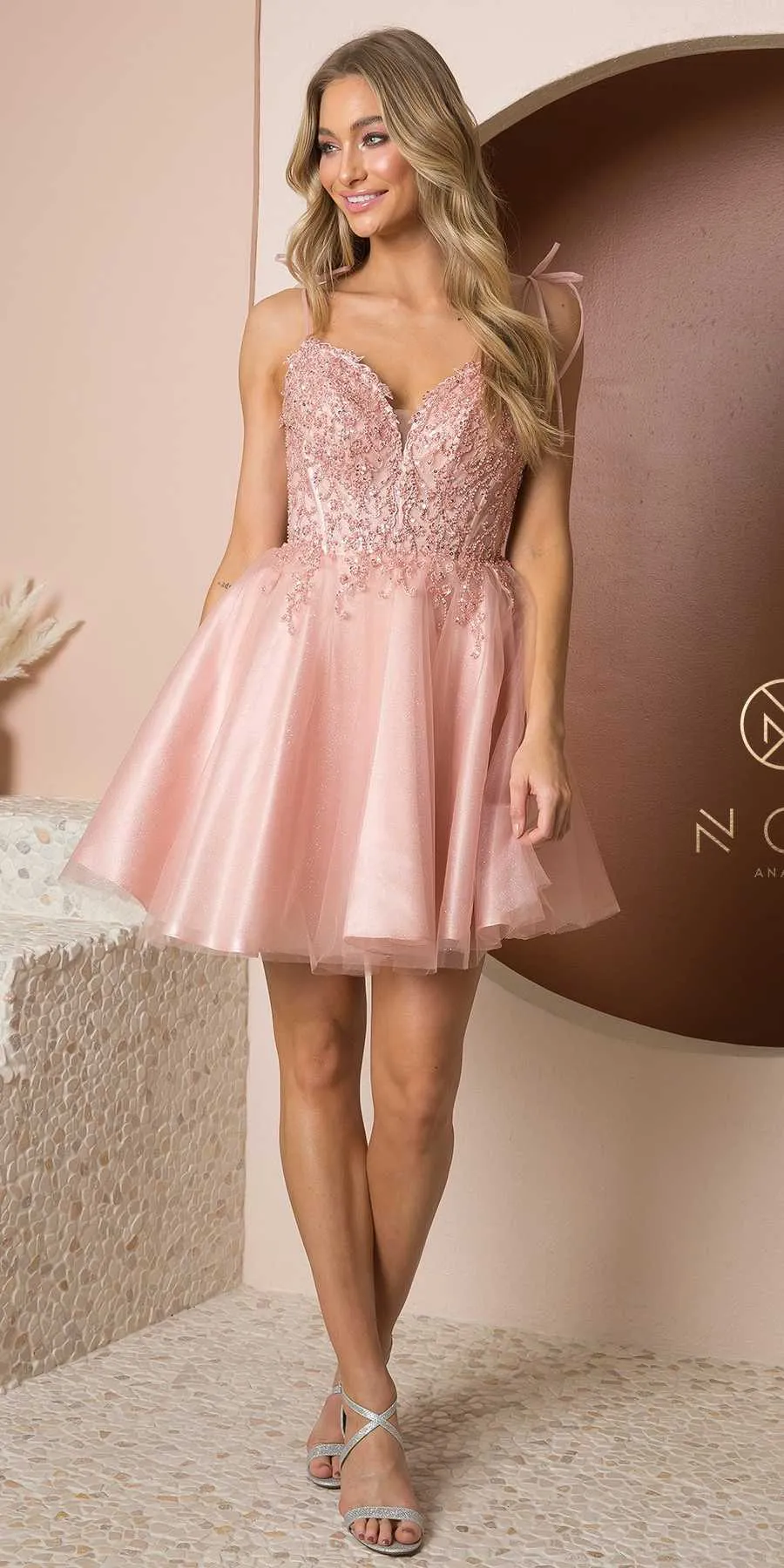 Nox Anabel F732 Short A-Line Sweetheart Beaded Bodice Tie Strap