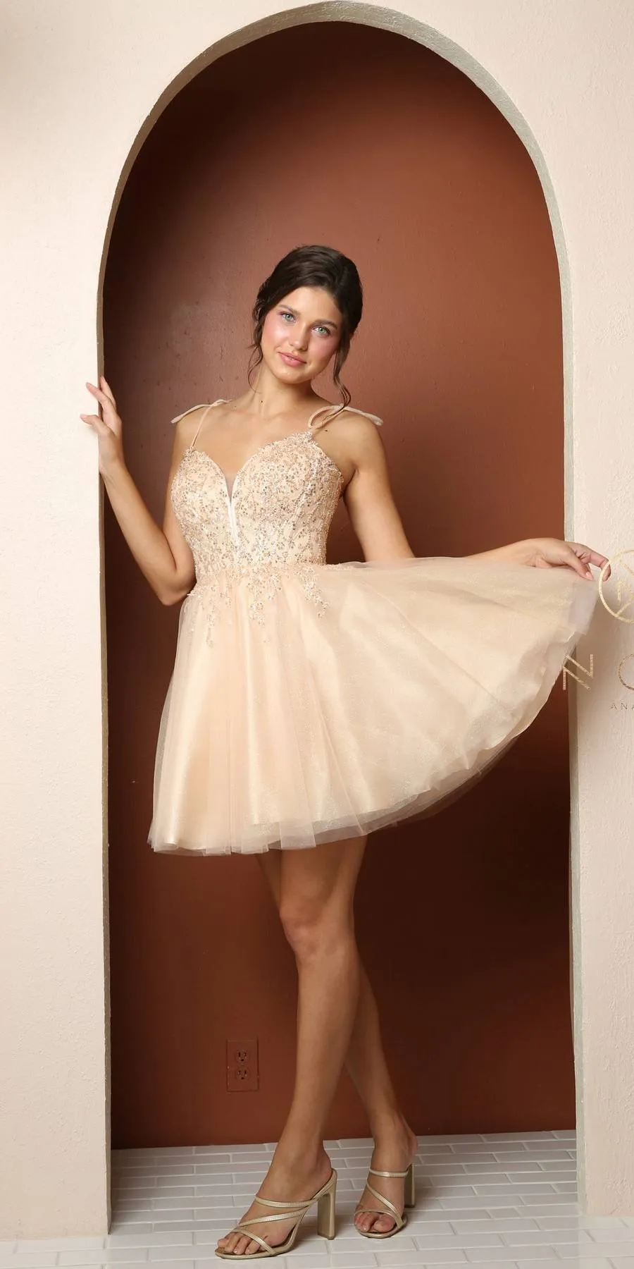 Nox Anabel F732 Short A-Line Sweetheart Beaded Bodice Tie Strap