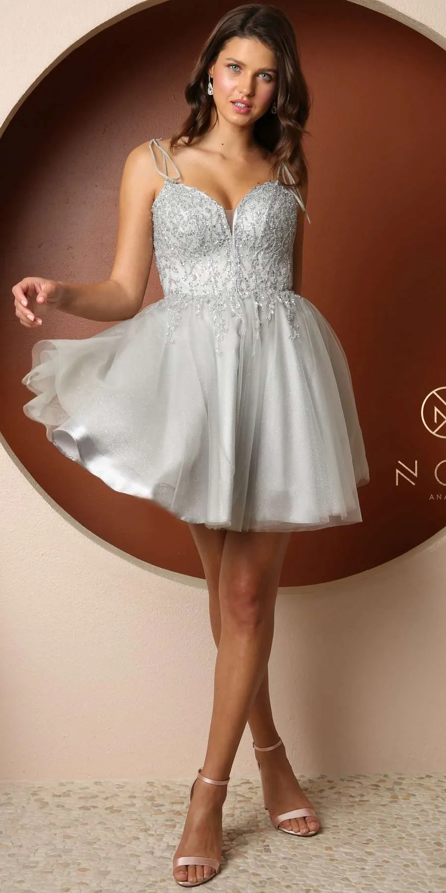 Nox Anabel F732 Short A-Line Sweetheart Beaded Bodice Tie Strap