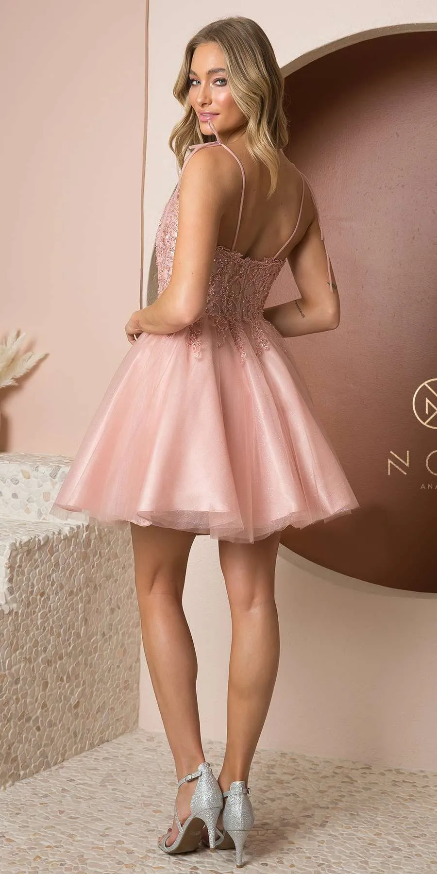 Nox Anabel F732 Short A-Line Sweetheart Beaded Bodice Tie Strap