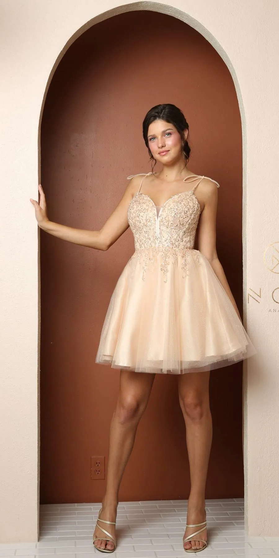 Nox Anabel F732 Short A-Line Sweetheart Beaded Bodice Tie Strap