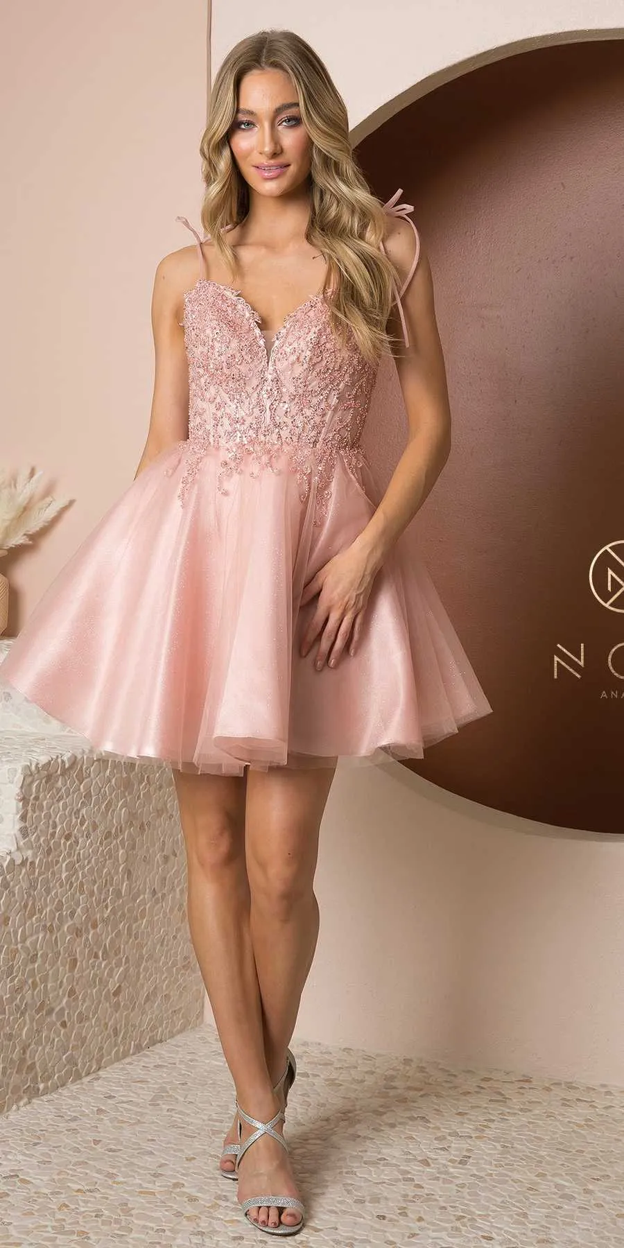 Nox Anabel F732 Short A-Line Sweetheart Beaded Bodice Tie Strap