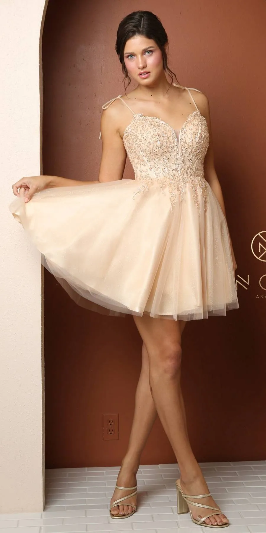 Nox Anabel F732 Short A-Line Sweetheart Beaded Bodice Tie Strap