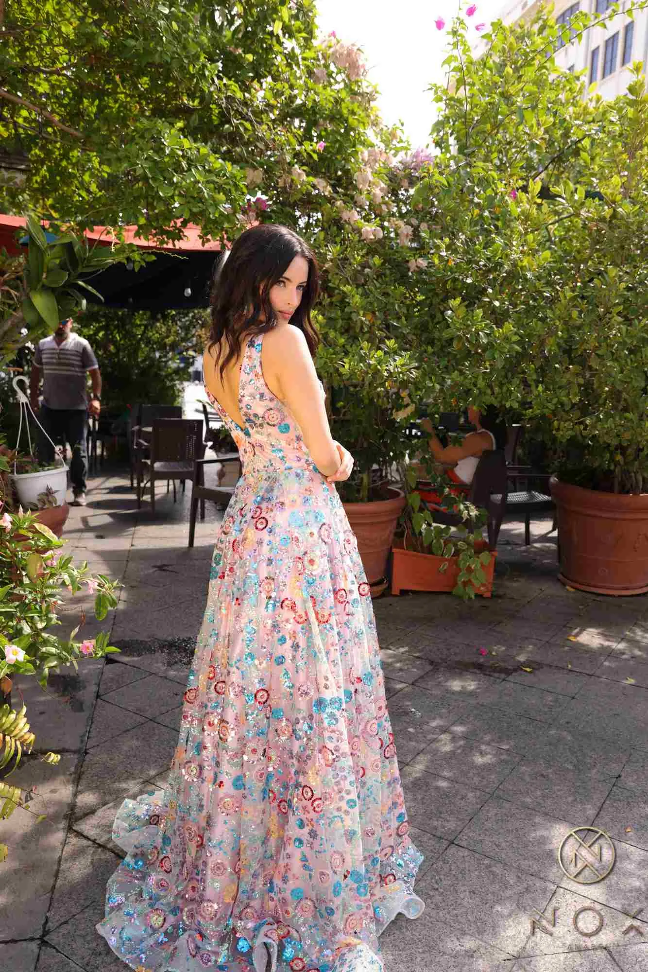 Nox Anabel R1430 Sequin Floral Applique A-Line V-neckline Evening Gown