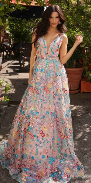 Nox Anabel R1430 Sequin Floral Applique A-Line V-neckline Evening Gown