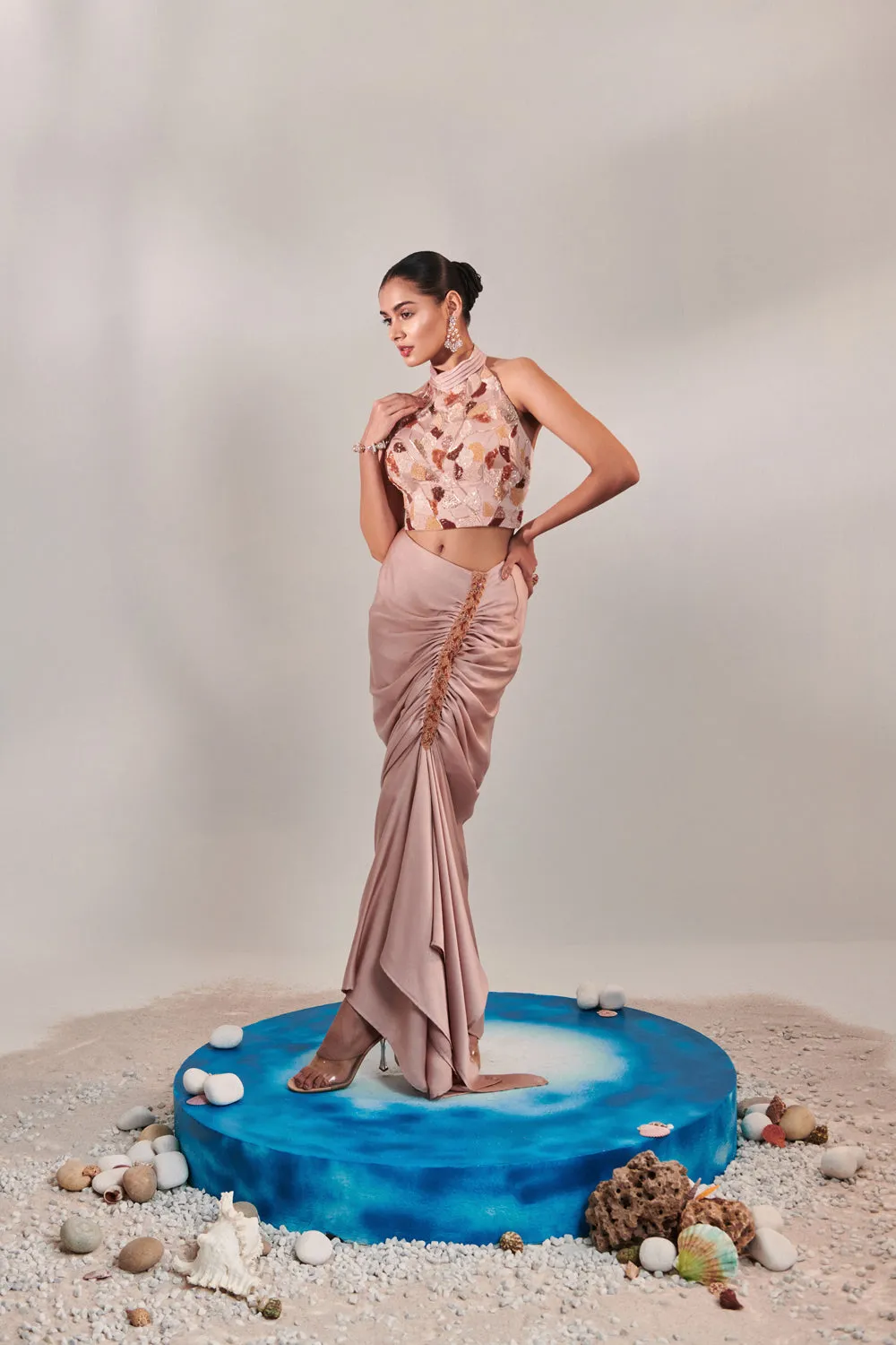Nudish Pink Drape Skirt And Halter Neck Top Set