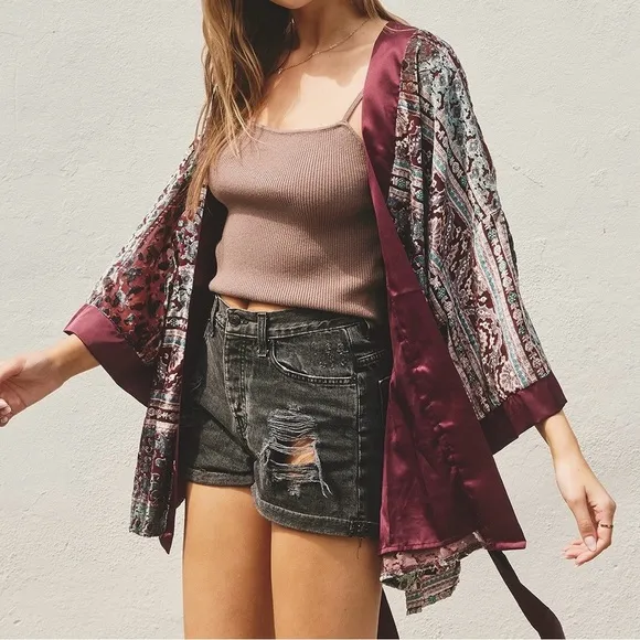 NWT Dress Forum paisley burn out velvet kimono lined-sheer arm cardigan M L XL