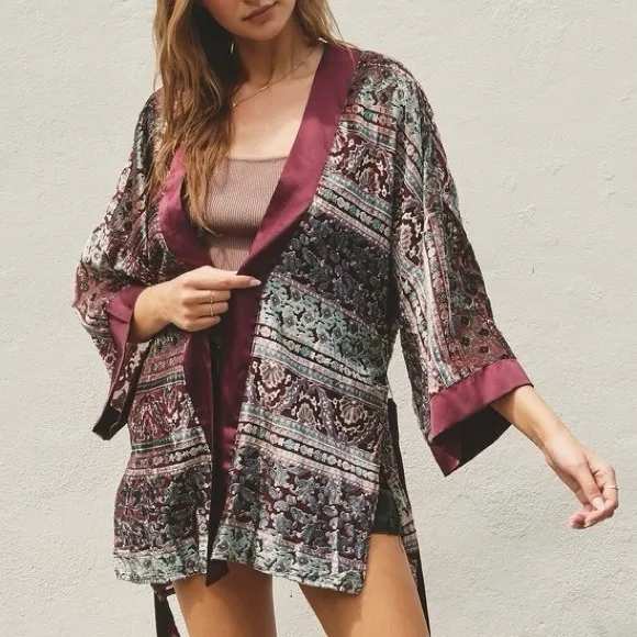NWT Dress Forum paisley burn out velvet kimono lined-sheer arm cardigan M L XL