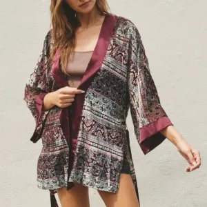 NWT Dress Forum paisley burn out velvet kimono lined-sheer arm cardigan M L XL