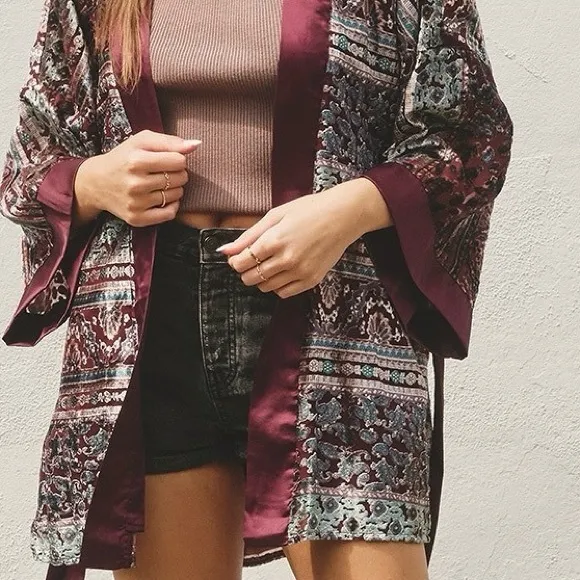NWT Dress Forum paisley burn out velvet kimono lined-sheer arm cardigan M L XL